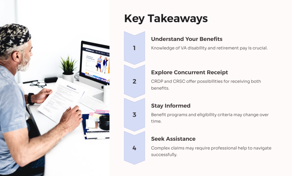 VA Disability and Military Retirement Pay Key Takeaways infographic