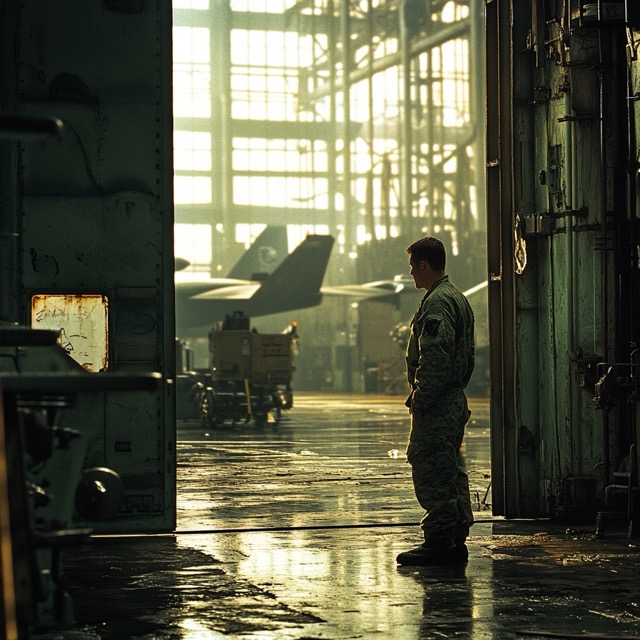 Soldier-standing-military-hanger-industrial