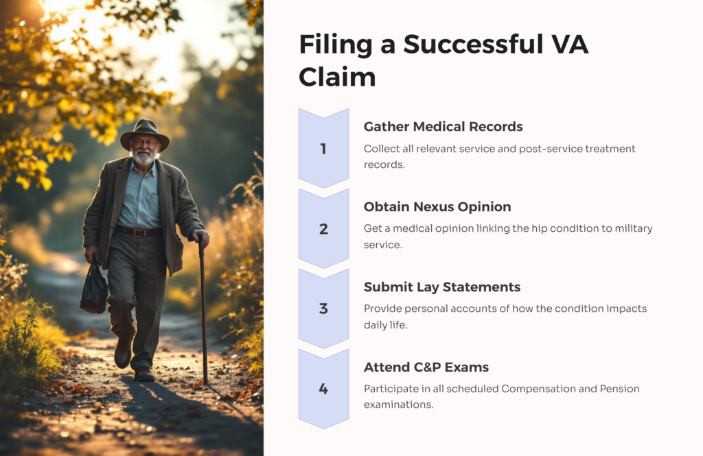 Filing a VA Claim for Hip Pain infographic