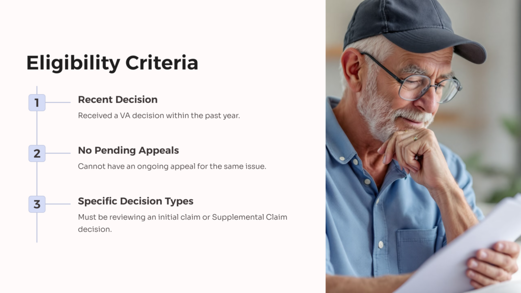 Eligibility Criteria VA Form 20-0996 infographic