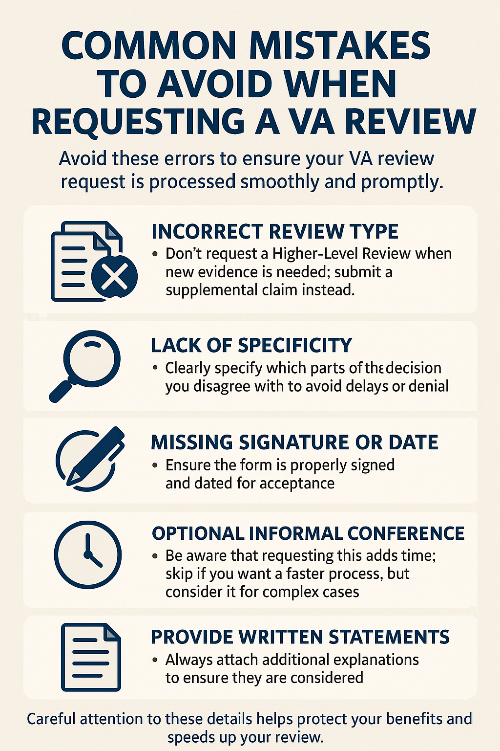 VA Review Common Mistakes infographic