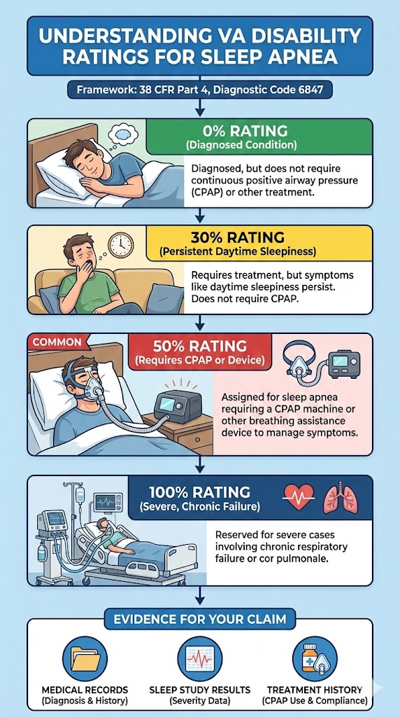 VA Disability Ratings for Sleep Apnea infographic