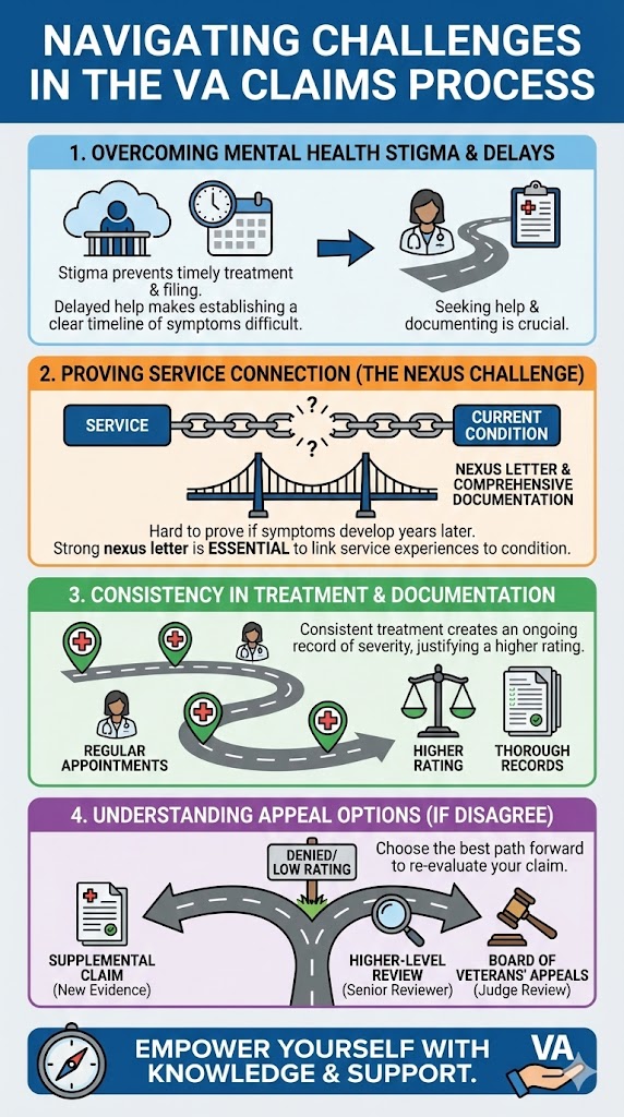 Depression Challenges VA Disability infographic