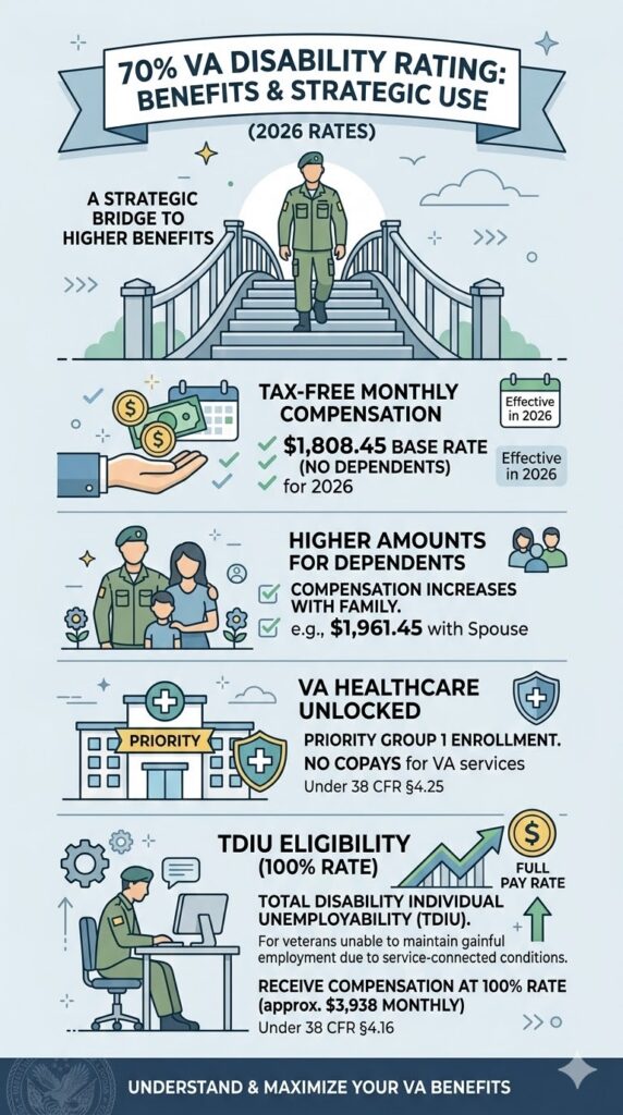 70 VA Disability Rating Benefits infographic