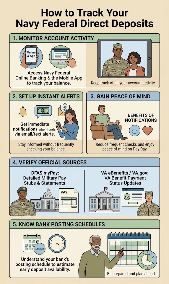 Track Navy Federal Direct Deposits infographic